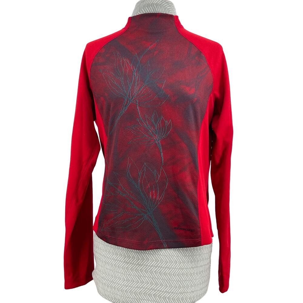 Sugoi Red Cycling Top Flowers Long Sleeve Mock Neck Pullover Athletic Tee Size M